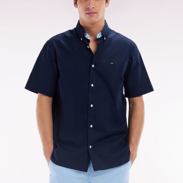 Chemise À Manches Courtes En Coton Marine Broderie Dos Ciel Coupe Droite Eden Park