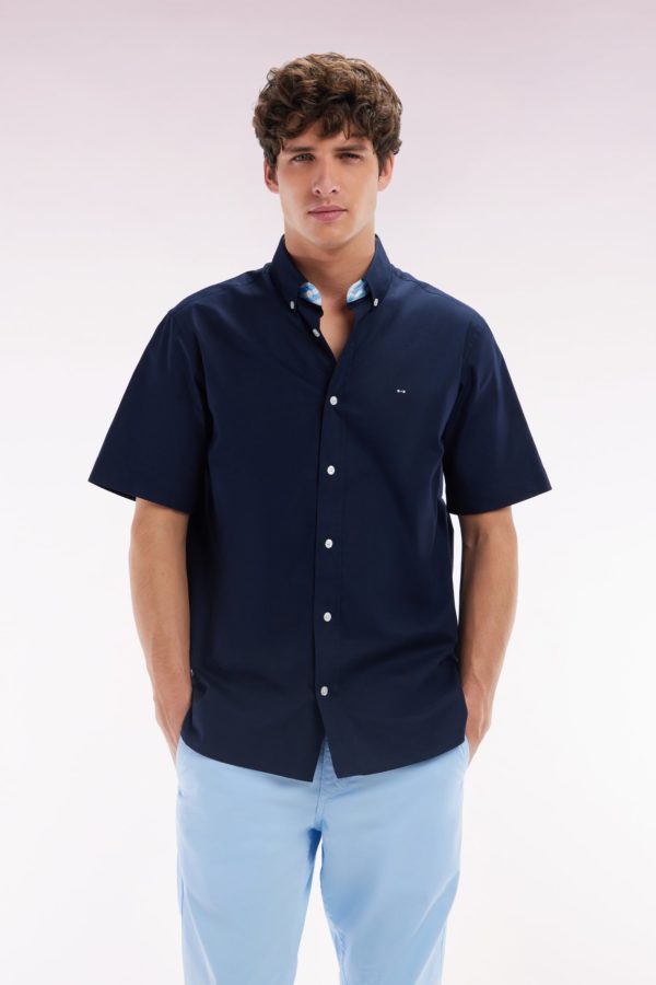 Chemise À Manches Courtes En Coton Marine Broderie Dos Ciel Coupe Droite Eden Park