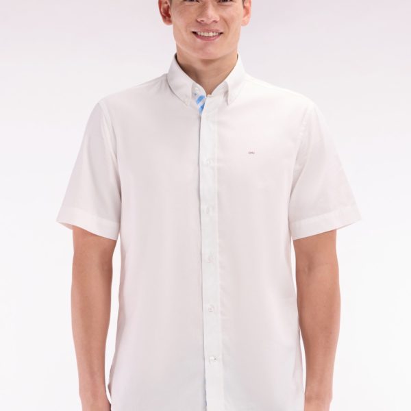 Chemise À Manches Courtes En Coton Blanc Broderie Et Patte De Boutonnage Cerclées Coupe Droite Eden Park
