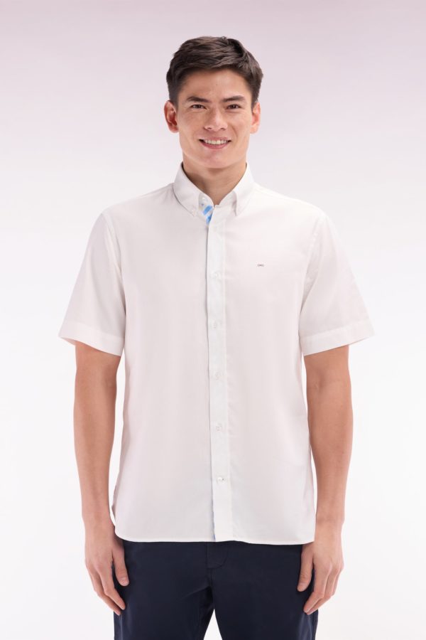 Chemise À Manches Courtes En Coton Blanc Broderie Et Patte De Boutonnage Cerclées Coupe Droite Eden Park