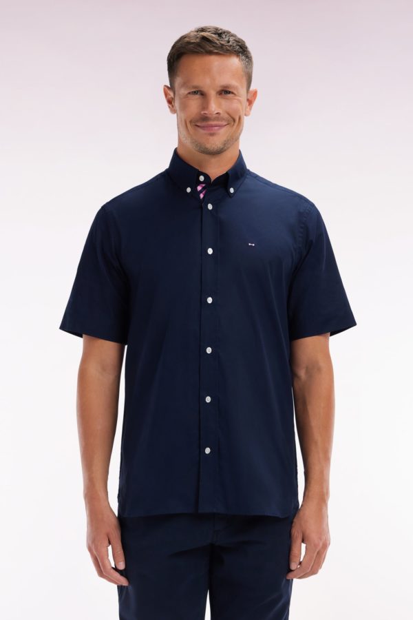 Chemise À Manches Courtes En Coton Marine Broderie Et Patte De Boutonnage Cerclées Coupe Droite Eden Park