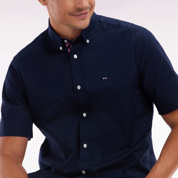 Chemise À Manches Courtes En Coton Marine Broderie Et Patte De Boutonnage Cerclées Coupe Droite Eden Park