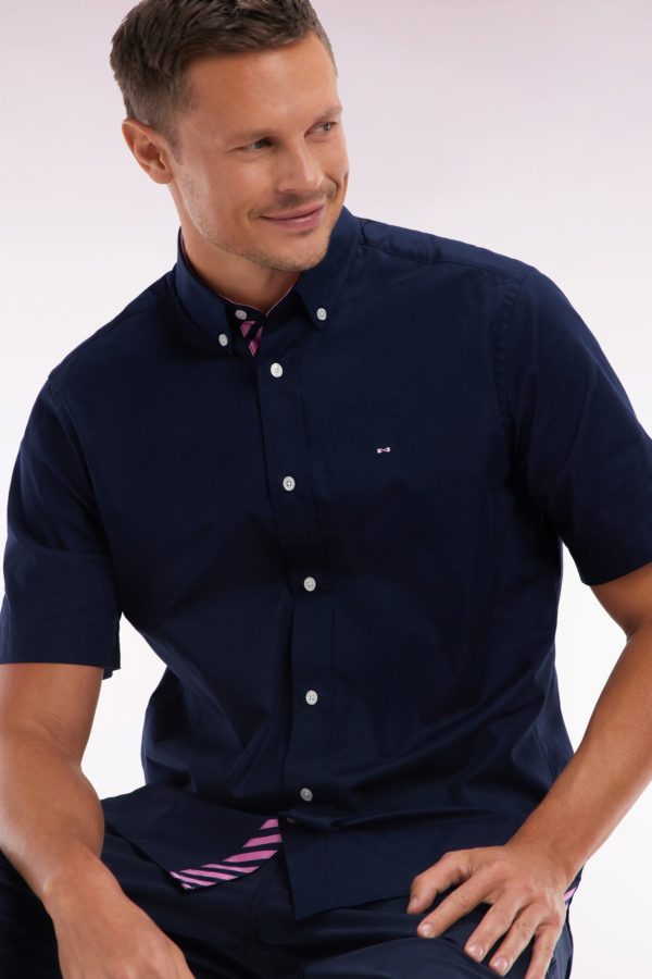 Chemise À Manches Courtes En Coton Marine Broderie Et Patte De Boutonnage Cerclées Coupe Droite Eden Park – Image 2