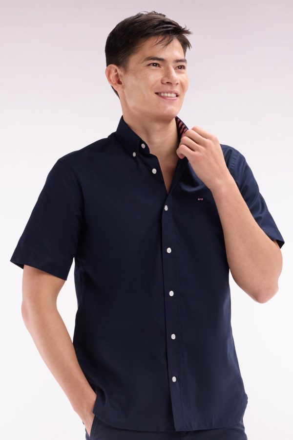 Chemise À Manches Courtes En Coton Marine Broderie Eden Park Coupe Droite Eden Park – Image 2