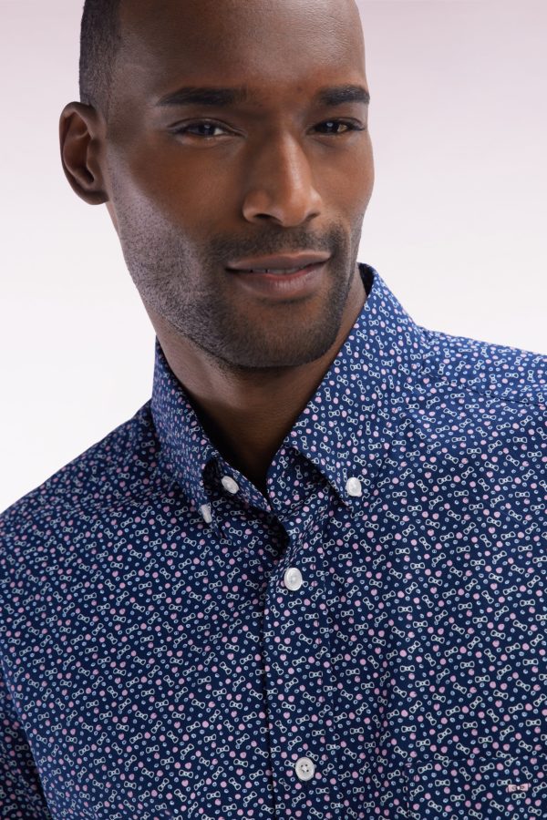Chemise À Manches Courtes En Popeline De Coton Marine Micromotif Nœud Papillon Coupe Droite Eden Park – Image 4