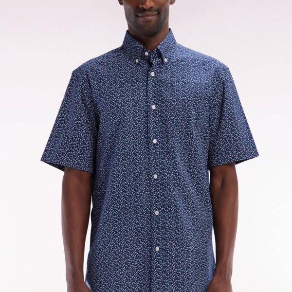 Chemise À Manches Courtes En Popeline De Coton Marine Micromotif Nœud Papillon Coupe Droite Eden Park