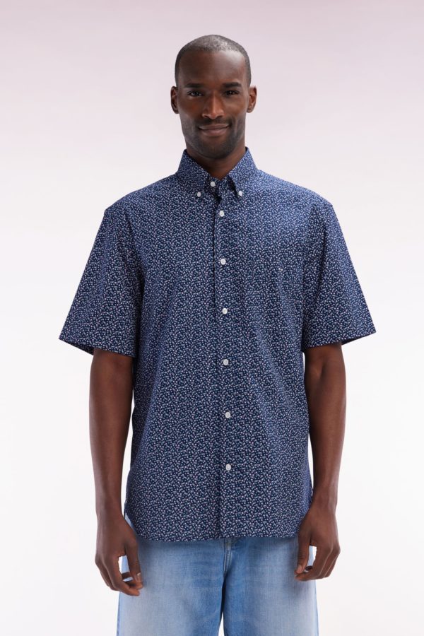Chemise À Manches Courtes En Popeline De Coton Marine Micromotif Nœud Papillon Coupe Droite Eden Park
