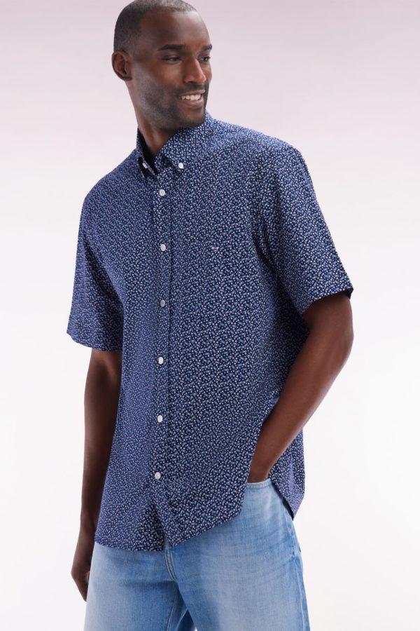 Chemise À Manches Courtes En Popeline De Coton Marine Micromotif Nœud Papillon Coupe Droite Eden Park – Image 2