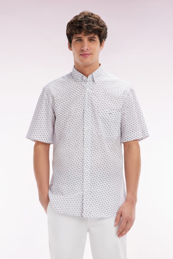 Chemise À Manches Courtes En Popeline De Coton Écrue Micromotif Nœud Papillon Coupe Droite Eden Park