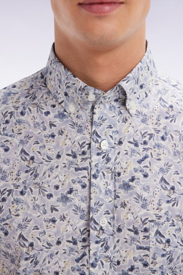 Chemise À Manches Courtes En Popeline De Coton Pima Grise Micromotif Floral Coupe Droite Eden Park – Image 4