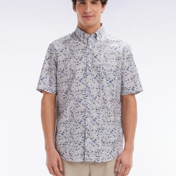 Chemise À Manches Courtes En Popeline De Coton Pima Grise Micromotif Floral Coupe Droite Eden Park