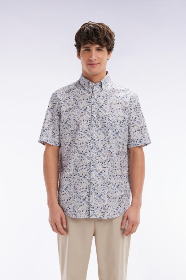 Chemise À Manches Courtes En Popeline De Coton Pima Grise Micromotif Floral Coupe Droite Eden Park