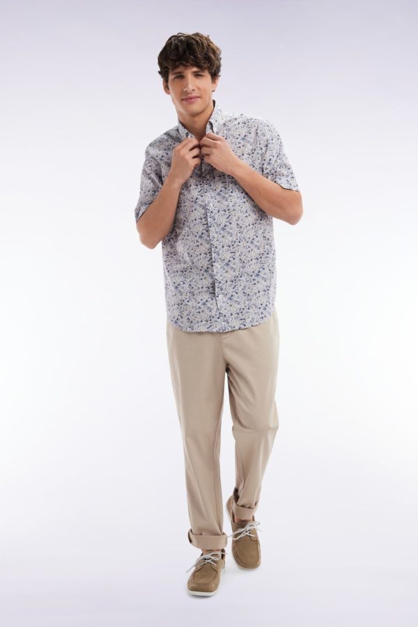 Chemise À Manches Courtes En Popeline De Coton Pima Grise Micromotif Floral Coupe Droite Eden Park – Image 2
