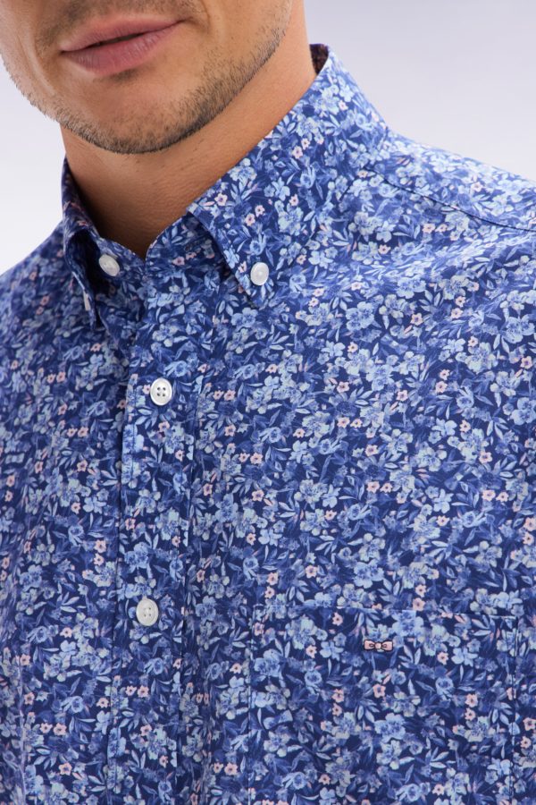 Chemise À Manches Courtes En Popeline De Coton Pima Bleue Micromotif Floral Coupe Droite Eden Park – Image 4