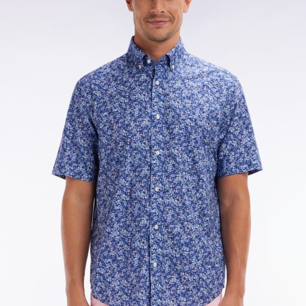 Chemise À Manches Courtes En Popeline De Coton Pima Bleue Micromotif Floral Coupe Droite Eden Park