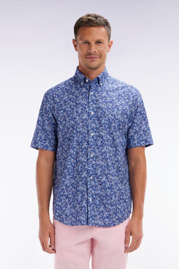 Chemise À Manches Courtes En Popeline De Coton Pima Bleue Micromotif Floral Coupe Droite Eden Park