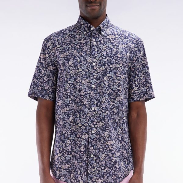 Chemise À Manches Courtes En Popeline De Coton Pima Gris Foncé Micromotif Floral Coupe Droite Eden Park