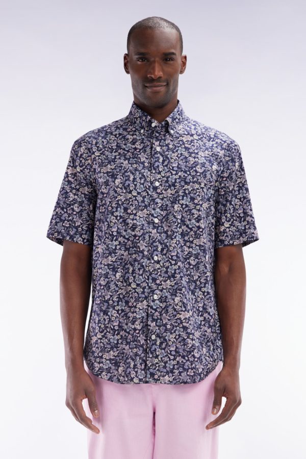 Chemise À Manches Courtes En Popeline De Coton Pima Gris Foncé Micromotif Floral Coupe Droite Eden Park