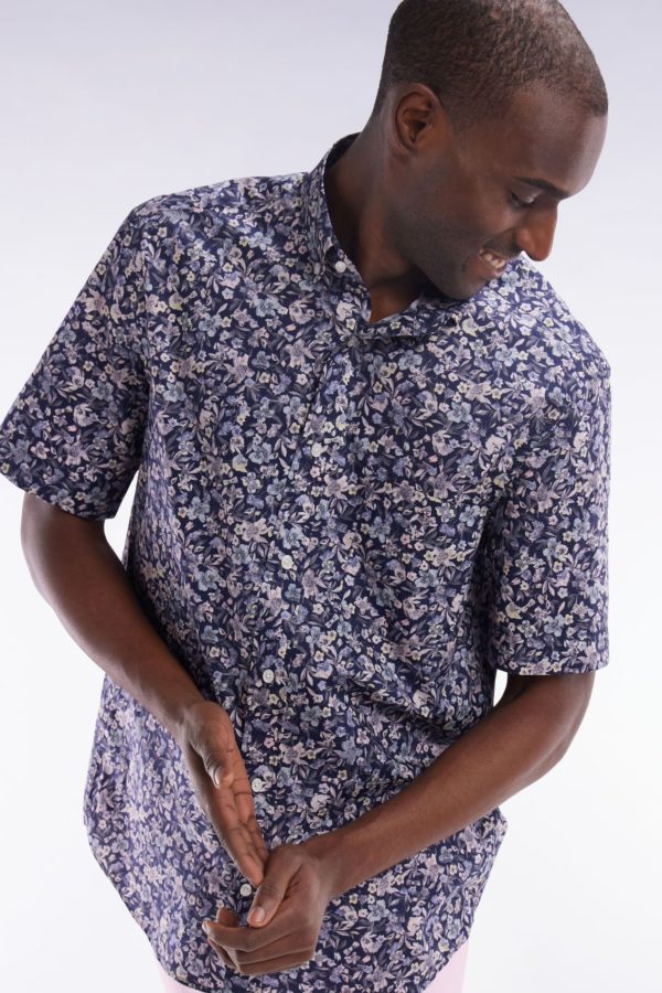 Chemise À Manches Courtes En Popeline De Coton Pima Gris Foncé Micromotif Floral Coupe Droite Eden Park – Image 2