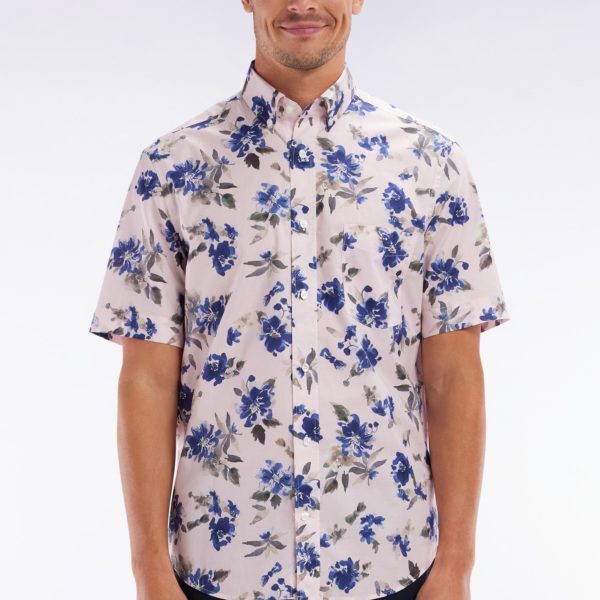 Chemise À Manches Courtes En Popeline De Coton Pima Rose Motif Floral Bleu Coupe Droite Eden Park