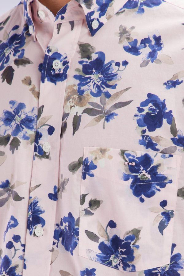 Chemise À Manches Courtes En Popeline De Coton Pima Rose Motif Floral Bleu Coupe Droite Eden Park – Image 3