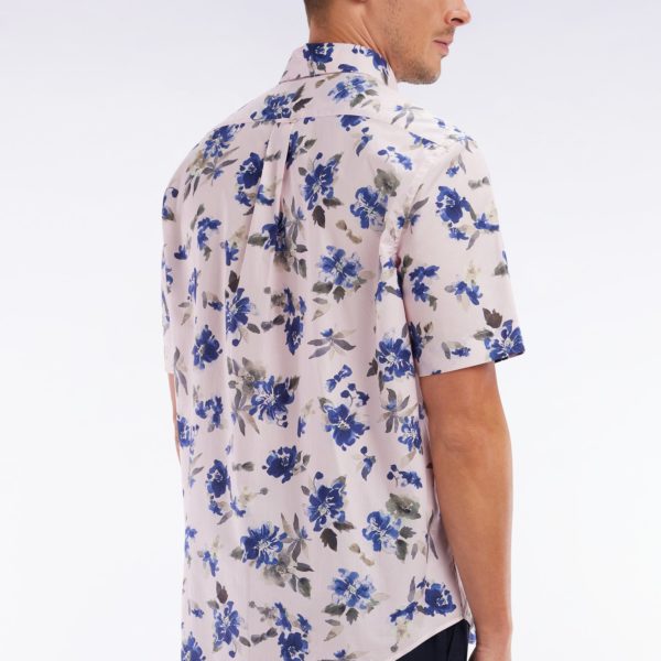 Chemise À Manches Courtes En Popeline De Coton Pima Rose Motif Floral Bleu Coupe Droite Eden Park