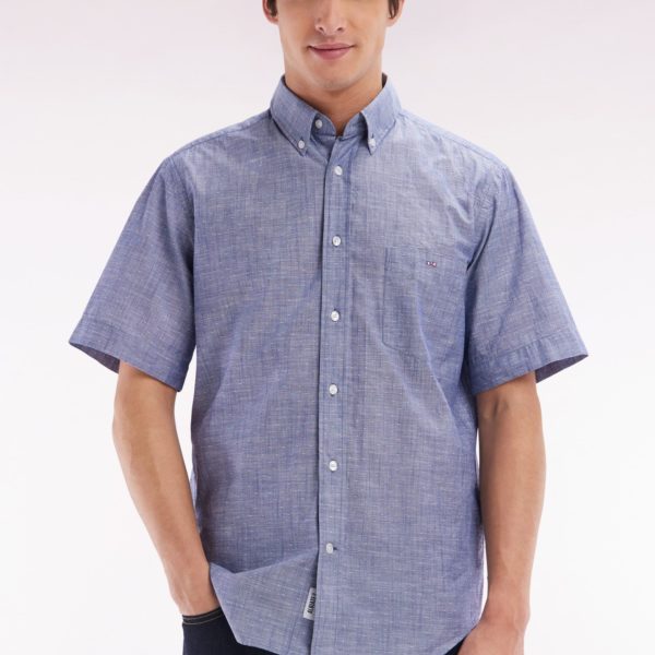 Chemise À Manches Courtes En Coton Texturé Bleu Foncé Coupe Droite Eden Park
