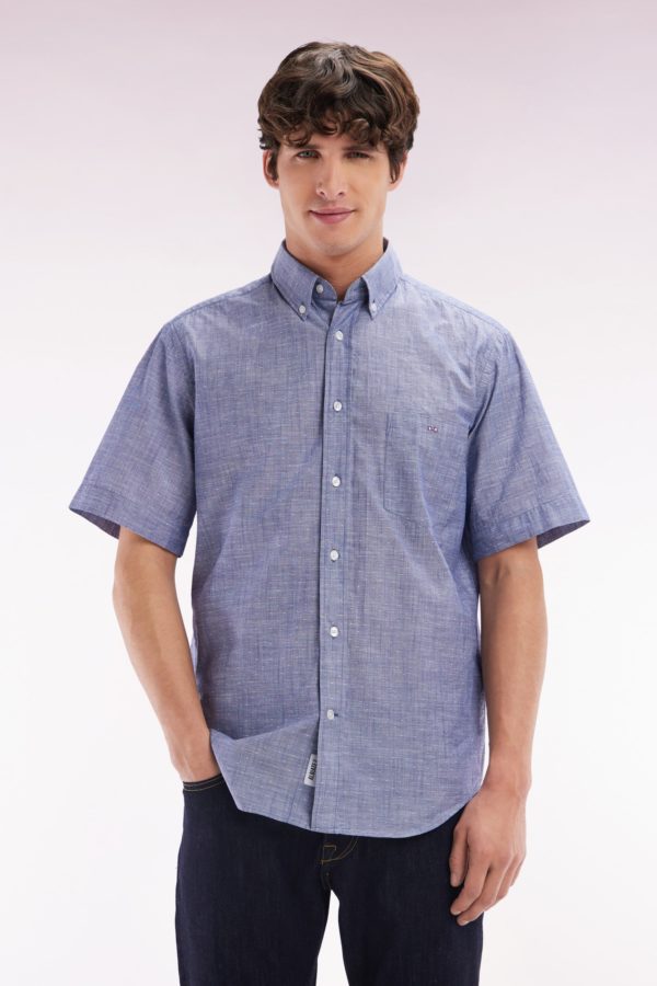 Chemise À Manches Courtes En Coton Texturé Bleu Foncé Coupe Droite Eden Park