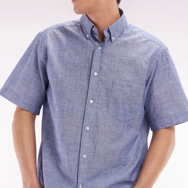 Chemise À Manches Courtes En Coton Texturé Bleu Foncé Coupe Droite Eden Park