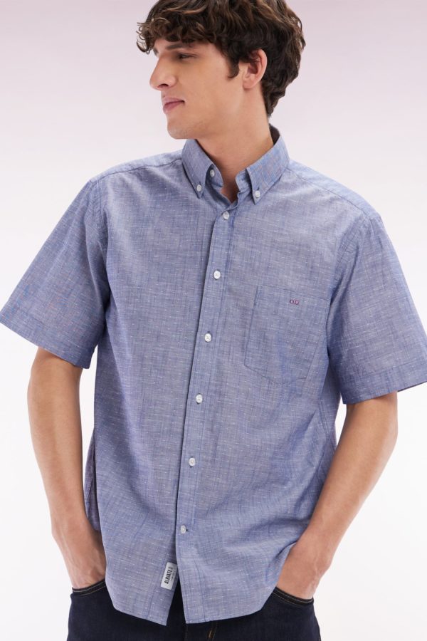 Chemise À Manches Courtes En Coton Texturé Bleu Foncé Coupe Droite Eden Park – Image 2