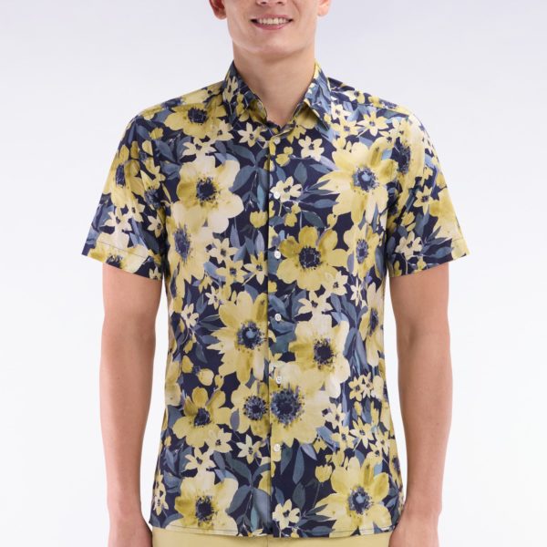 Chemise À Manches Courtes En Popeline De Coton Marine Motif Floral Jaune Coupe Droite Eden Park