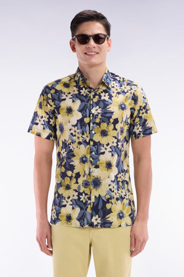 Chemise À Manches Courtes En Popeline De Coton Marine Motif Floral Jaune Coupe Droite Eden Park