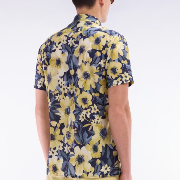 Chemise À Manches Courtes En Popeline De Coton Marine Motif Floral Jaune Coupe Droite Eden Park