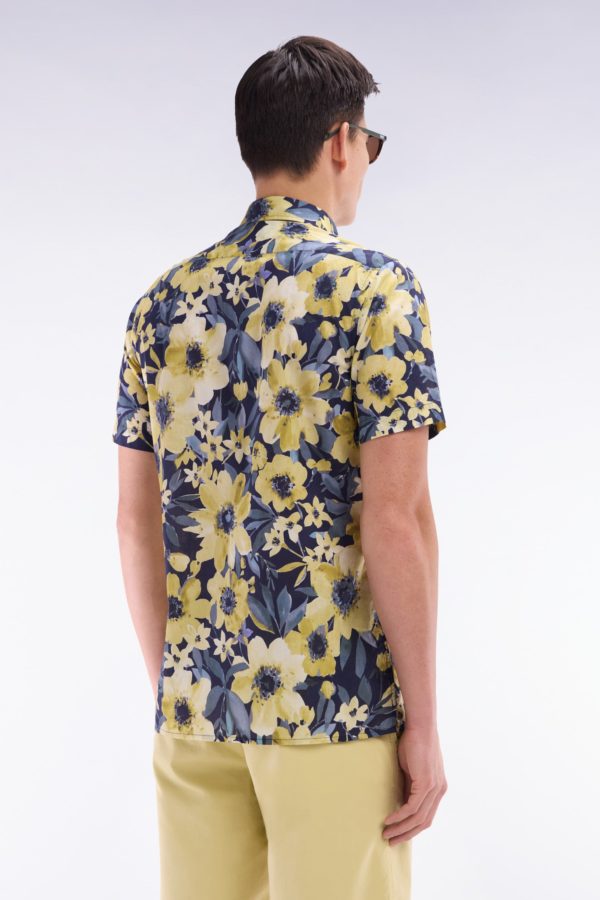 Chemise À Manches Courtes En Popeline De Coton Marine Motif Floral Jaune Coupe Droite Eden Park – Image 2