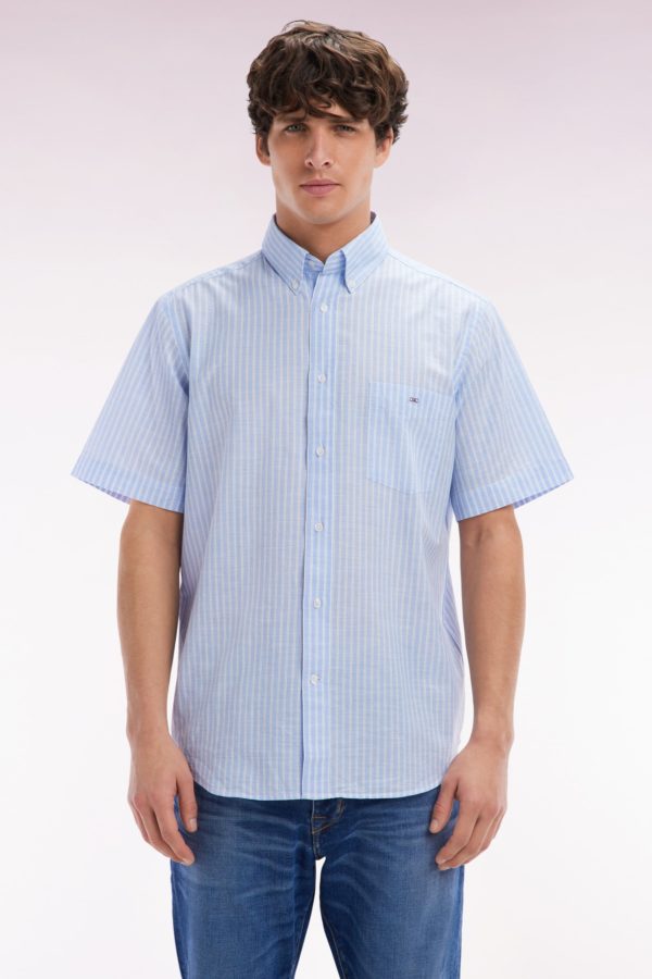 Chemise Rayée À Manches Courtes En Coton Ciel Coupe Droite Eden Park
