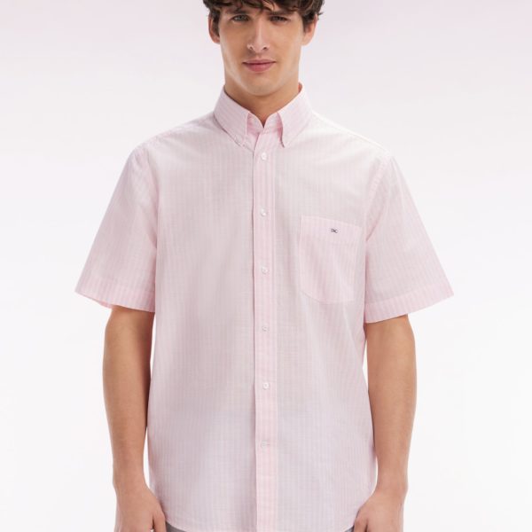 Chemise Rayée À Manches Courtes En Coton Rose Coupe Droite Eden Park