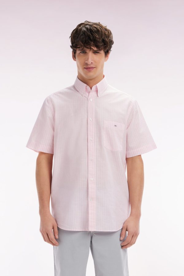 Chemise Rayée À Manches Courtes En Coton Rose Coupe Droite Eden Park
