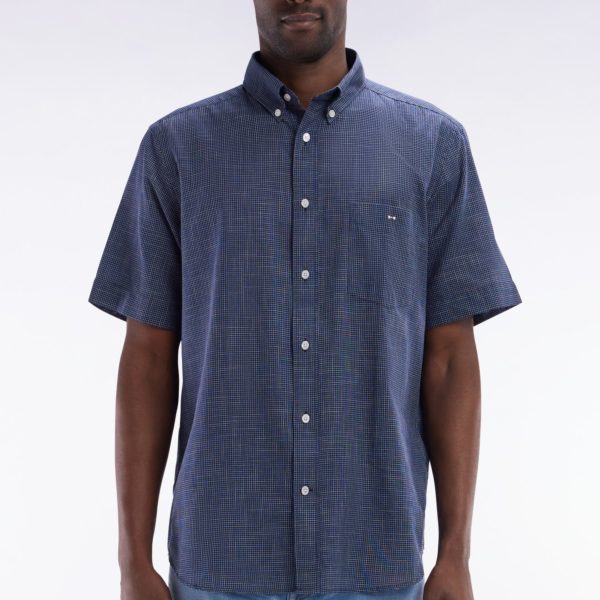 Chemise À Manches Courtes À Microcarreaux En Coton Indigo Coupe Droite Eden Park