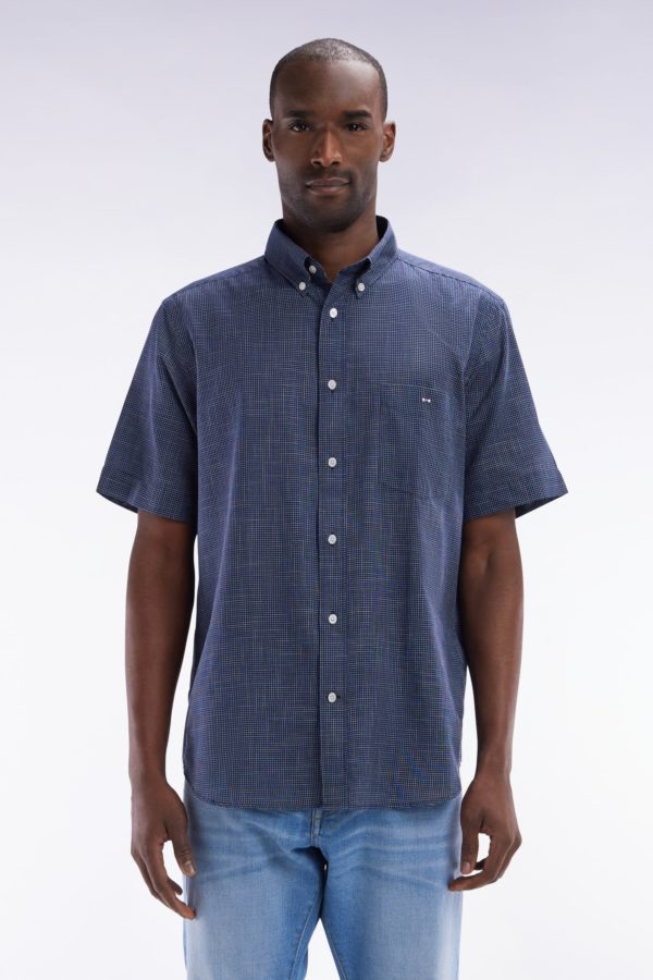 Chemise À Manches Courtes À Microcarreaux En Coton Indigo Coupe Droite Eden Park
