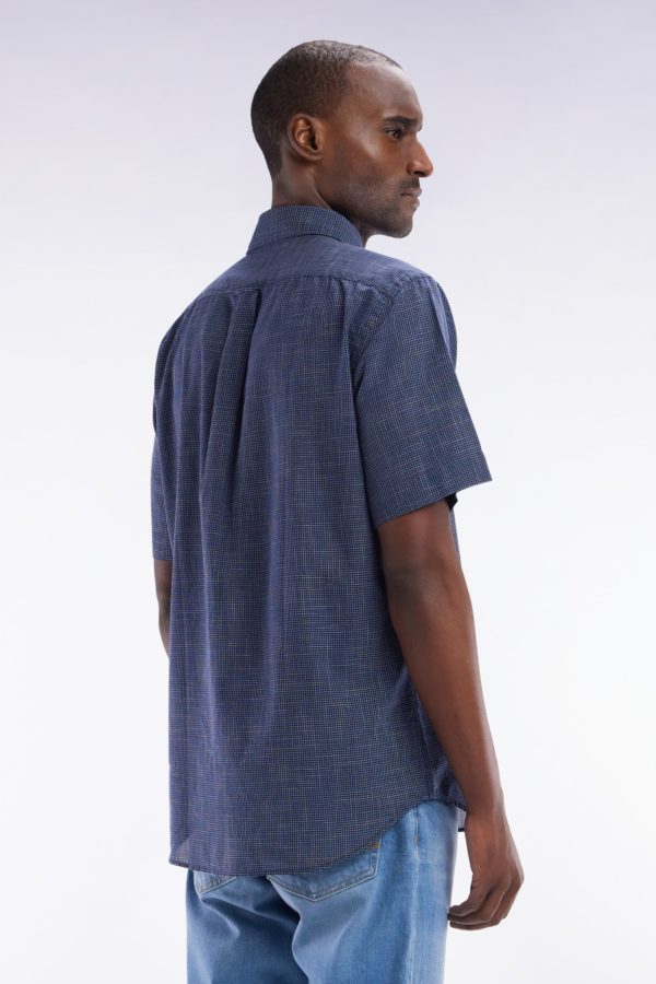 Chemise À Manches Courtes À Microcarreaux En Coton Indigo Coupe Droite Eden Park – Image 3