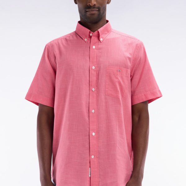 Chemise À Manches Courtes À Microcarreaux En Coton Rose Coupe Droite Eden Park