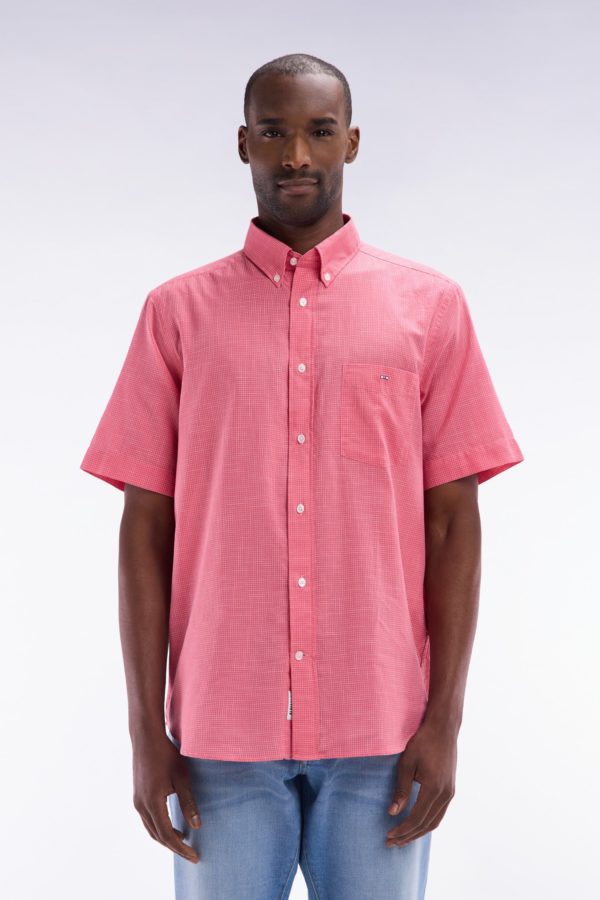 Chemise À Manches Courtes À Microcarreaux En Coton Rose Coupe Droite Eden Park