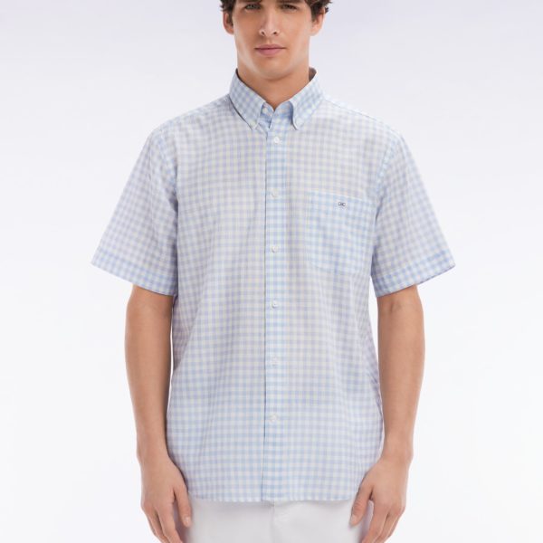 Chemise À Manches Courtes En Coton À Carreaux Vichy Ciel Coupe Droite Eden Park
