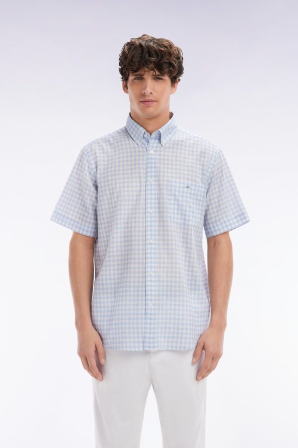 Chemise À Manches Courtes En Coton À Carreaux Vichy Ciel Coupe Droite Eden Park