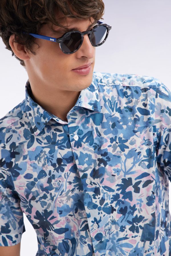 Chemise À Manches Courtes En Coton Imprimé Floral Marine Coupe Ajustée Eden Park – Image 2