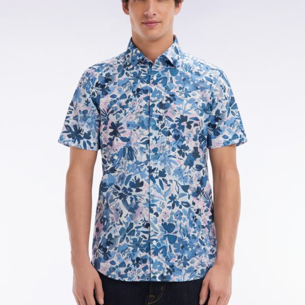 Chemise À Manches Courtes En Coton Imprimé Floral Marine Coupe Ajustée Eden Park