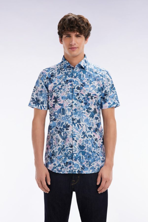 Chemise À Manches Courtes En Coton Imprimé Floral Marine Coupe Ajustée Eden Park