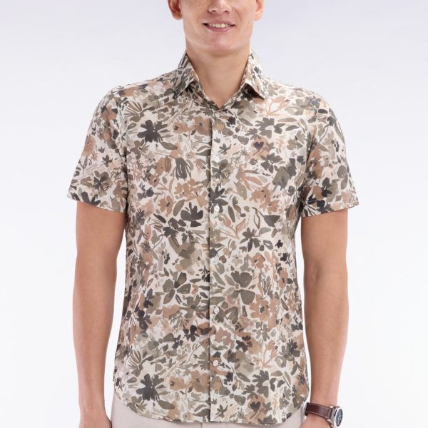 Chemise À Manches Courtes En Coton Imprimé Floral Kaki Coupe Ajustée Eden Park