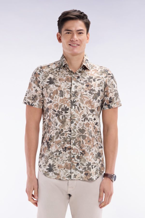 Chemise À Manches Courtes En Coton Imprimé Floral Kaki Coupe Ajustée Eden Park