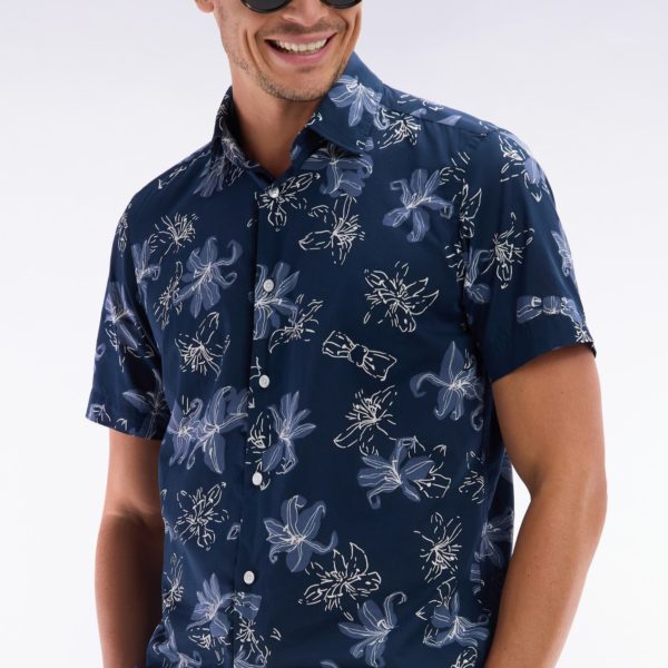 Chemise À Manches Courtes En Coton Marine Imprimé Fleurs Coupe Ajustée Eden Park